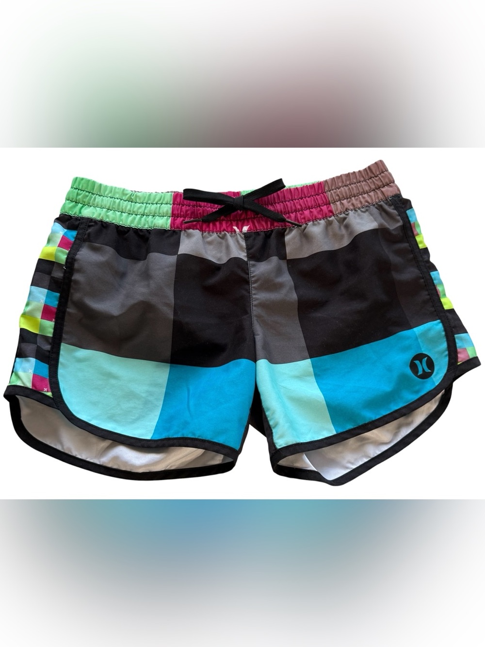 Hurley Womens Swim Board Shorts Small Phantom Blue Boats Stretch Surf Black EUC